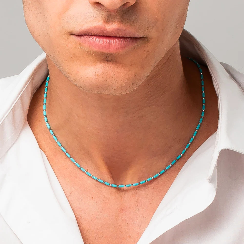 COLLANA UOMO IN ACCIAIO CON PIETRE TURCHESI ED EMATITE - Image 2