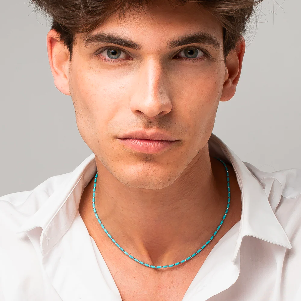 COLLANA UOMO IN ACCIAIO CON PIETRE TURCHESI ED EMATITE - Image 3