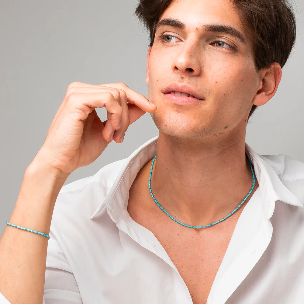 COLLANA UOMO IN ACCIAIO CON PIETRE TURCHESI ED EMATITE - Image 4