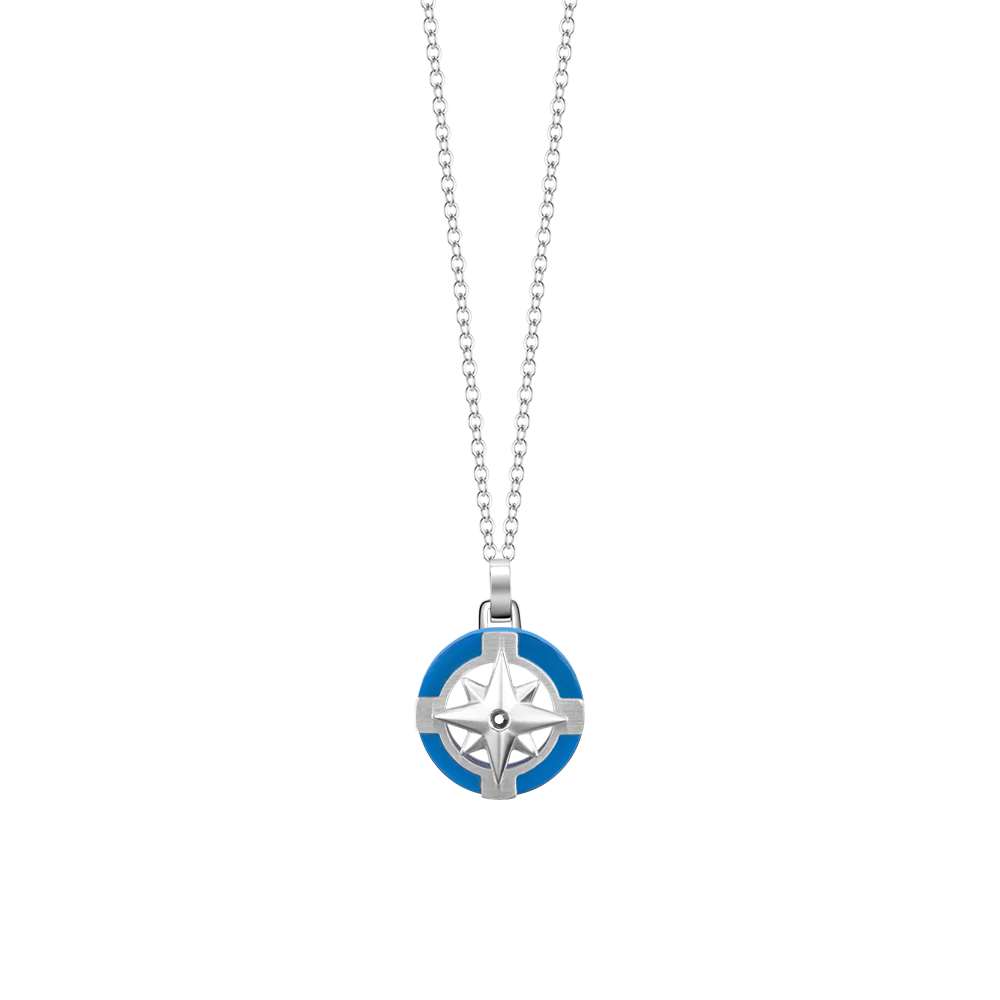 COLLANA UOMO IN ACCIAIO CON ROSA DEI VENTI E DETTAGLIO BLU