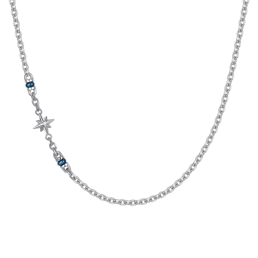 COLLANA UOMO IN ACCIAIO CON ROSA DEI VENTI ED ELEMENTI IN IP BLU