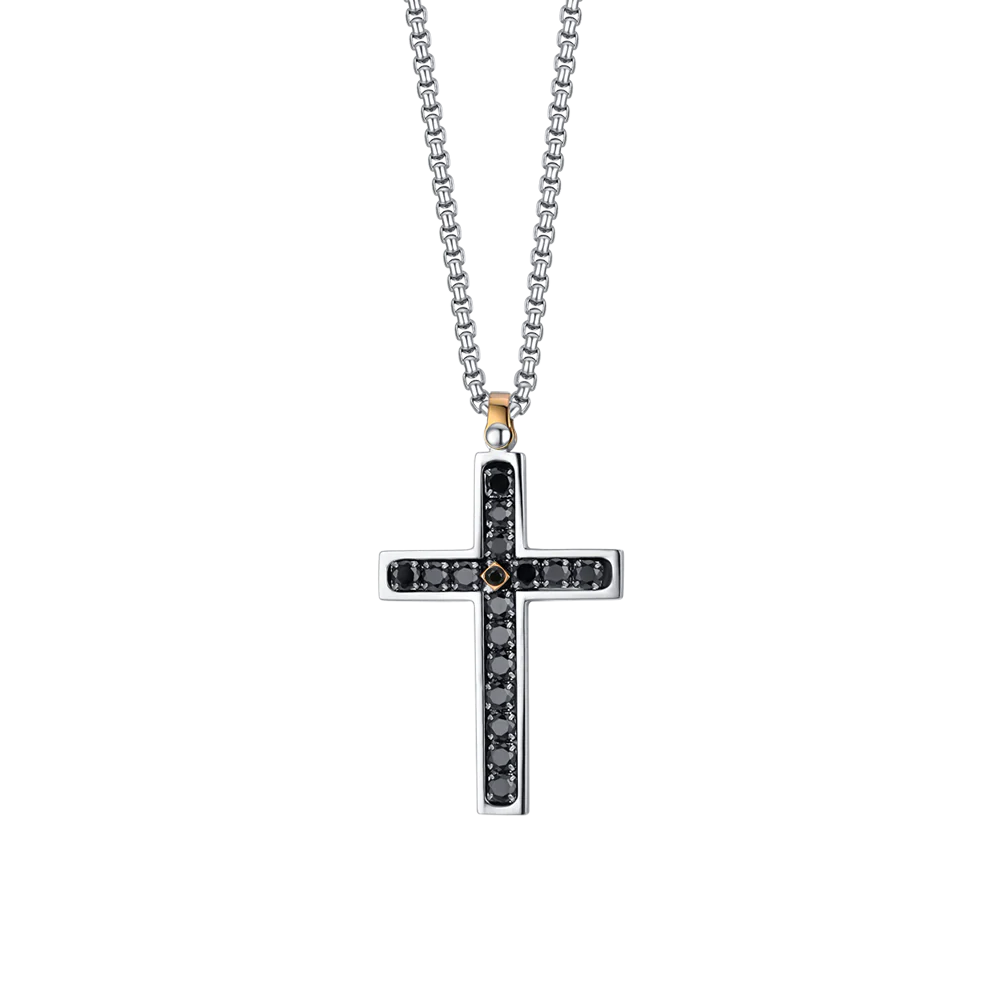 COLLANA UOMO IN ACCIAIO CROCE CON CRISTALLI NERI