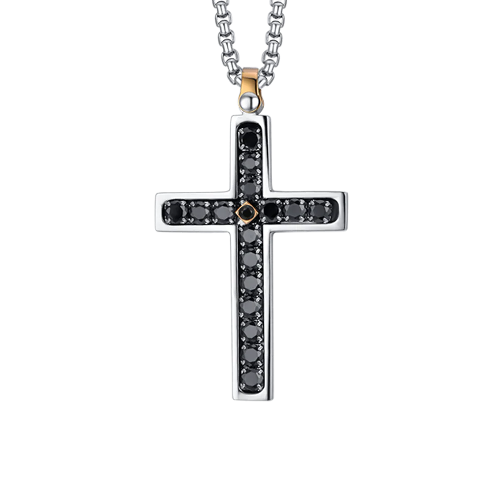 COLLANA UOMO IN ACCIAIO CROCE CON CRISTALLI NERI - Image 4