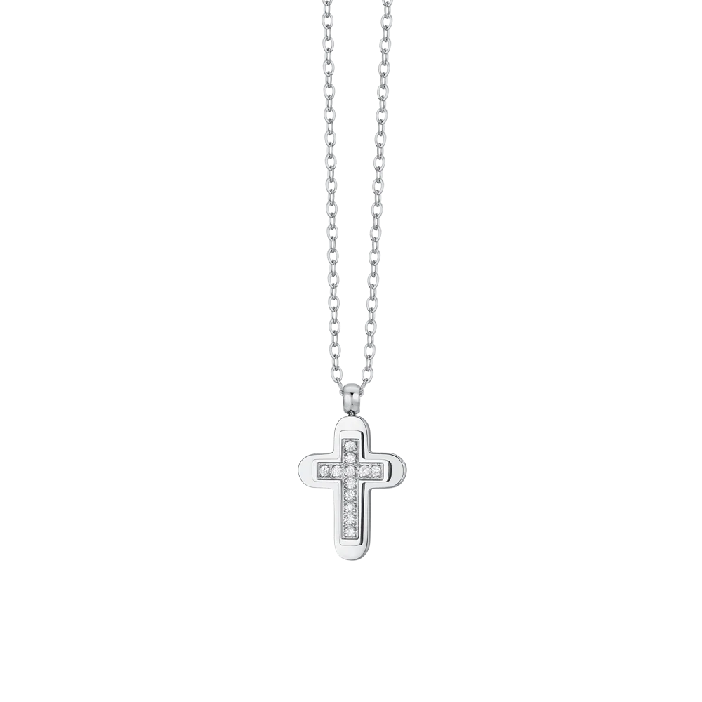 COLLANA UOMO IN ACCIAIO CROCE E ZIRCONI BIANCHI