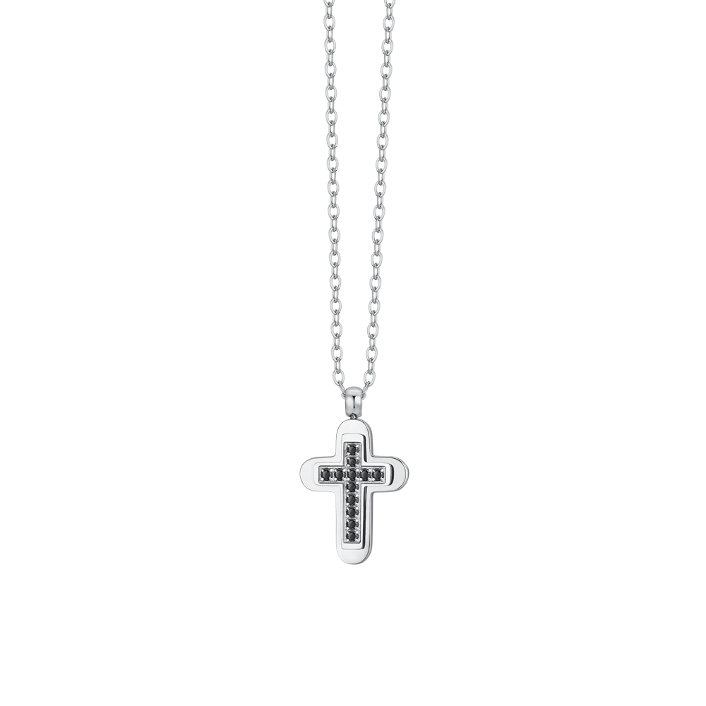 COLLANA UOMO IN ACCIAIO CROCE E ZIRCONI NERI