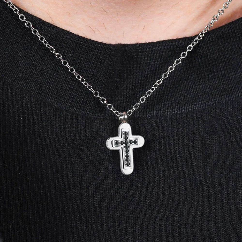 COLLANA UOMO IN ACCIAIO CROCE E ZIRCONI NERI - Image 2