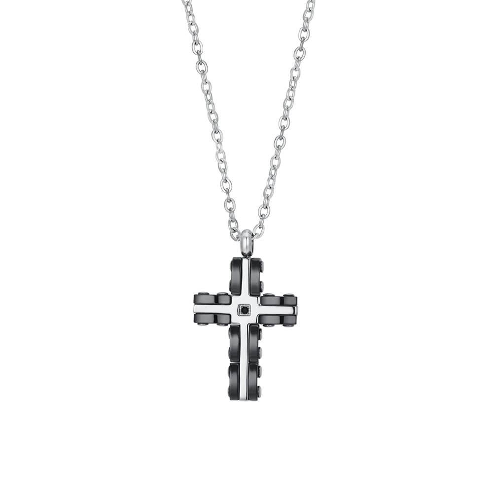 COLLANA UOMO IN ACCIAIO CROCE IN ACCIAIO E CERAMICA NERA