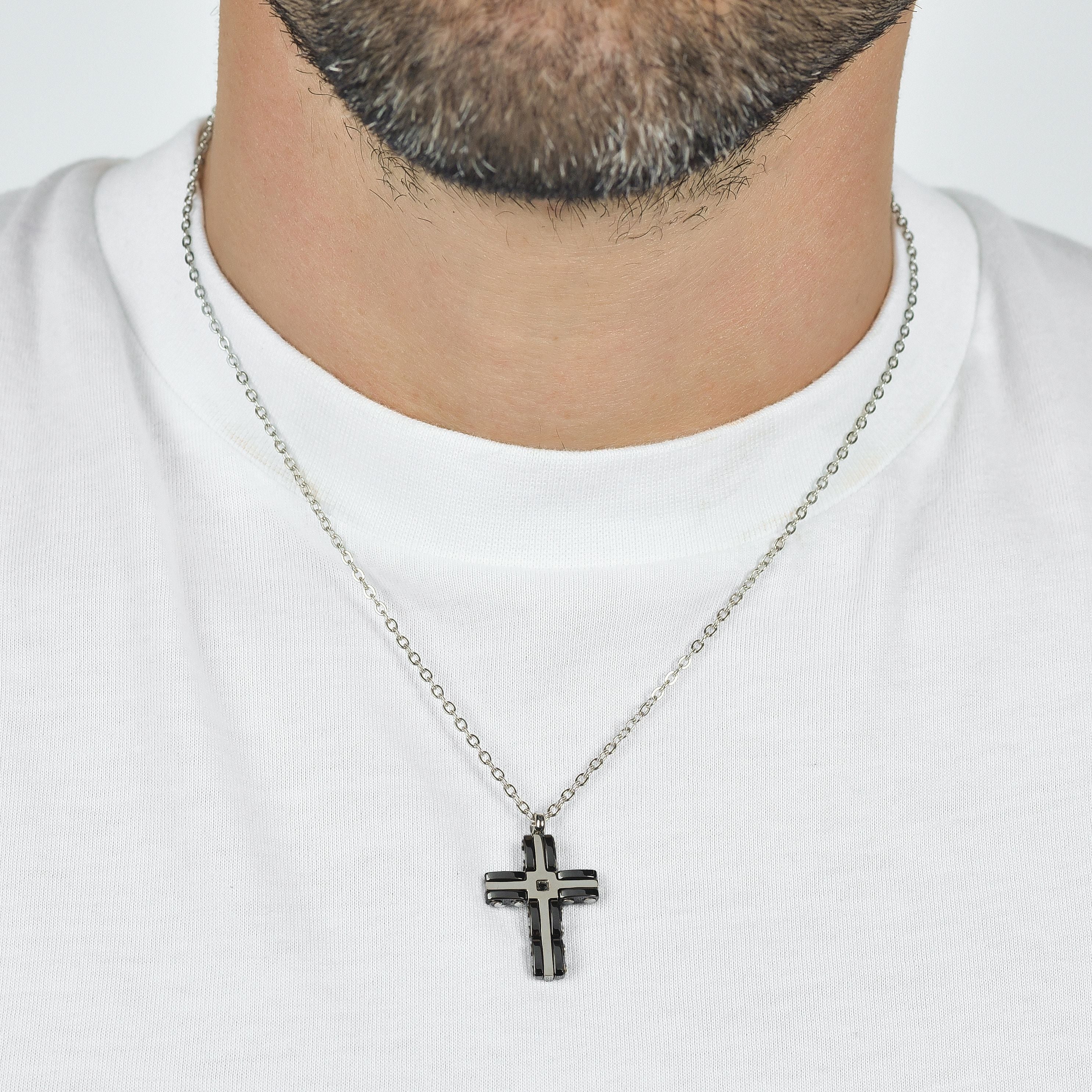 COLLANA UOMO IN ACCIAIO CROCE IN ACCIAIO E CERAMICA NERA - Image 2