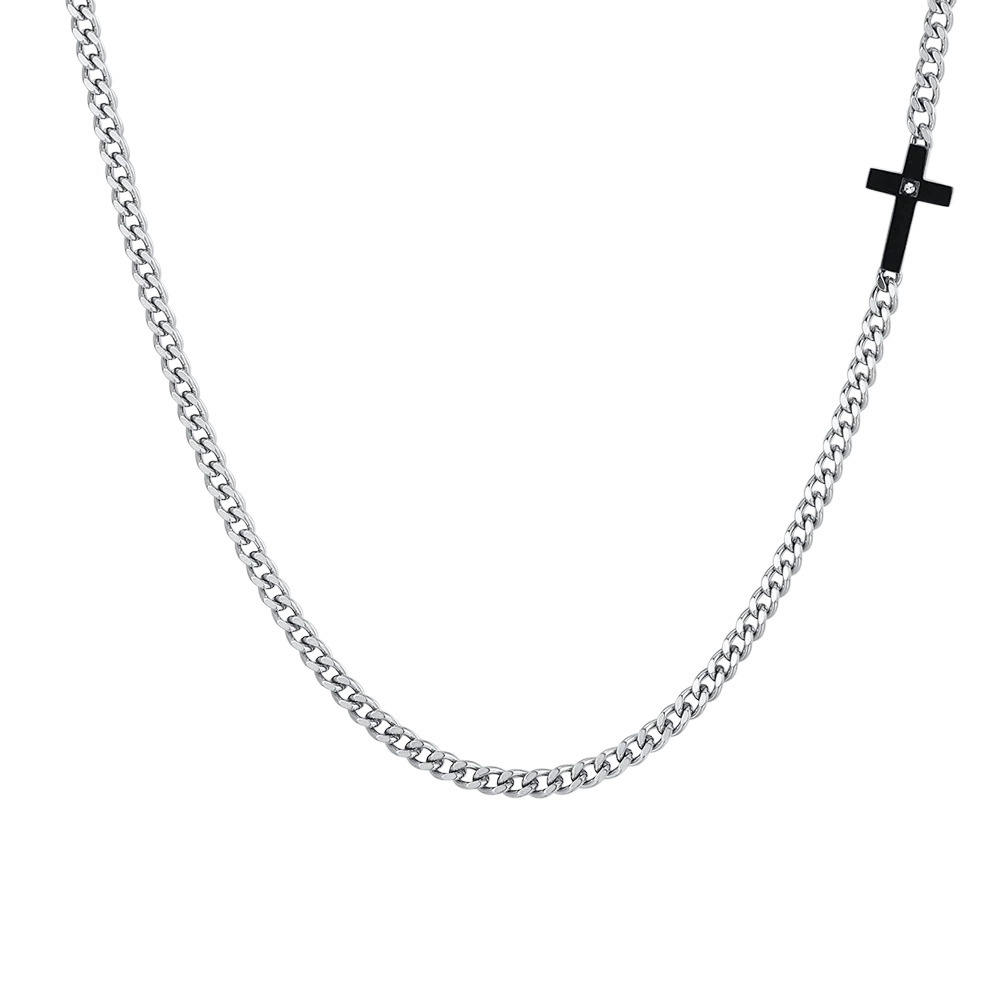 COLLANA UOMO IN ACCIAIO CROCE IP BLACK E ZIRCONE BIANCO