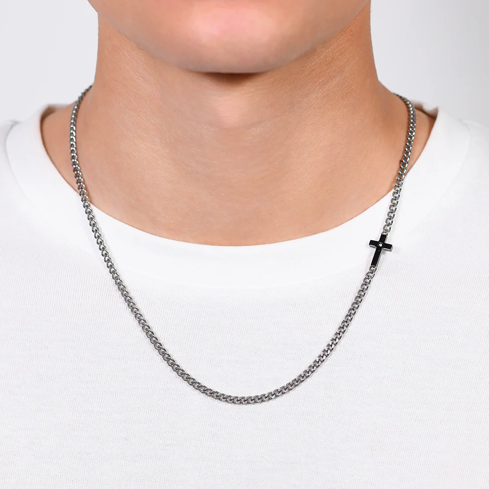 COLLANA UOMO IN ACCIAIO CROCE IP BLACK E ZIRCONE BIANCO - Image 2