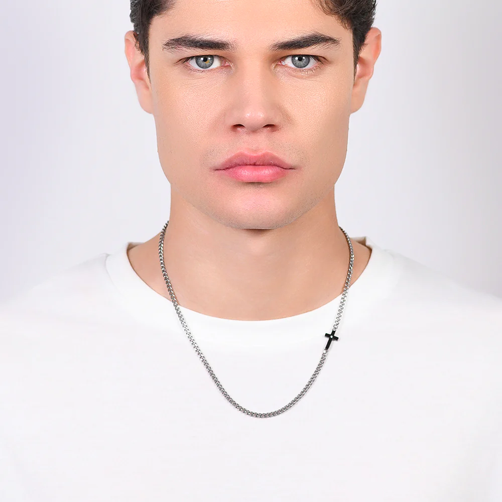 COLLANA UOMO IN ACCIAIO CROCE IP BLACK E ZIRCONE BIANCO - Image 3