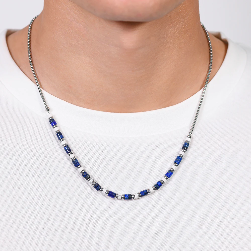 COLLANA UOMO IN ACCIAIO PIETRE LAPIS E BIANCHE - Image 2