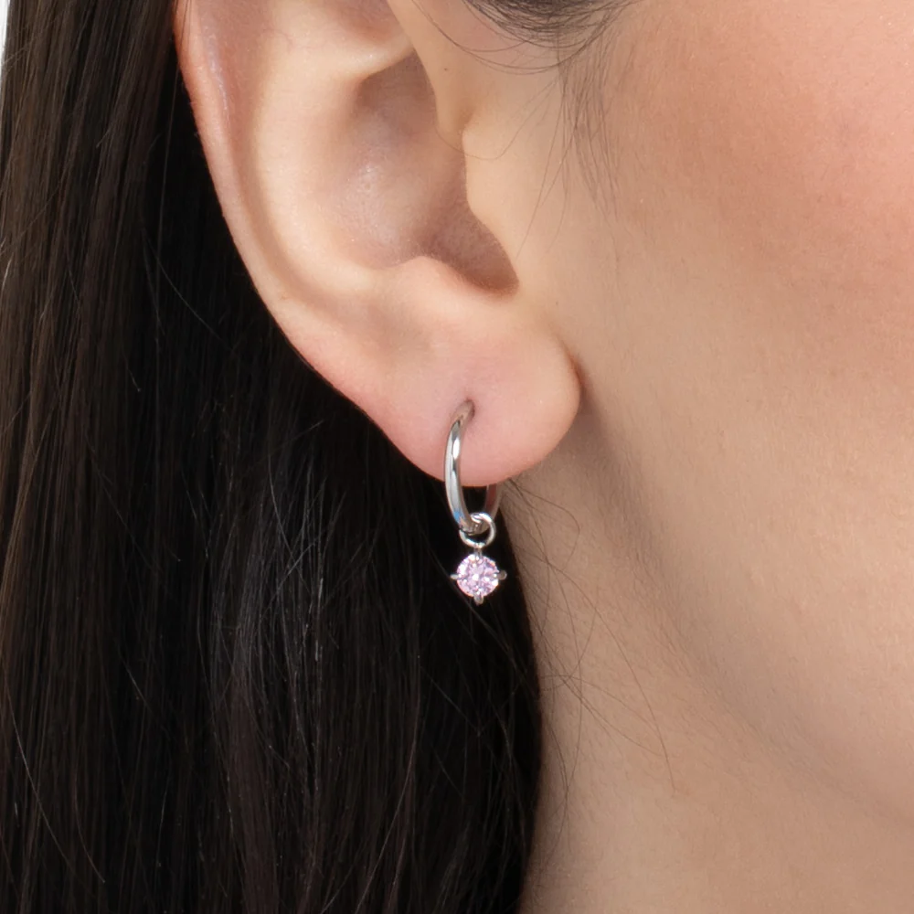 MONO ORECCHINO DONNA CERCHIO IN ACCIAIO CON ZIRCONE ROSA - Image 2