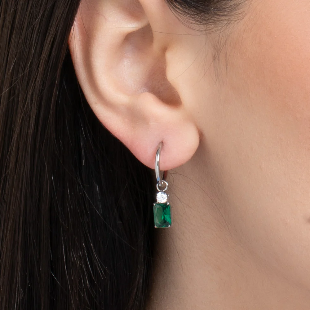 MONO ORECCHINO DONNA IN ACCIAIO CON ZIRCONI VERDE E BIANCHI - Image 2