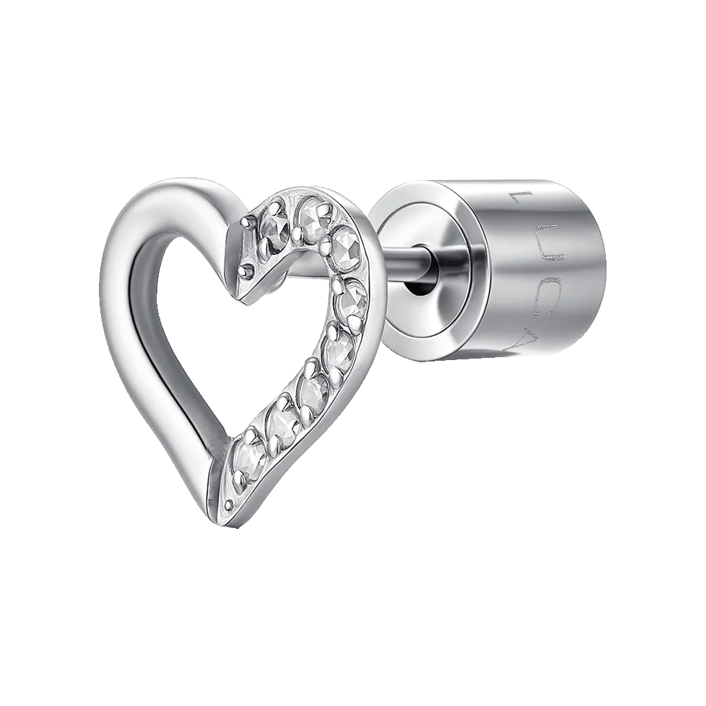 MONO ORECCHINO DONNA IN ACCIAIO CON CUORE CON PETALO CON PUNTI LUCE ZIRCONE BIAN