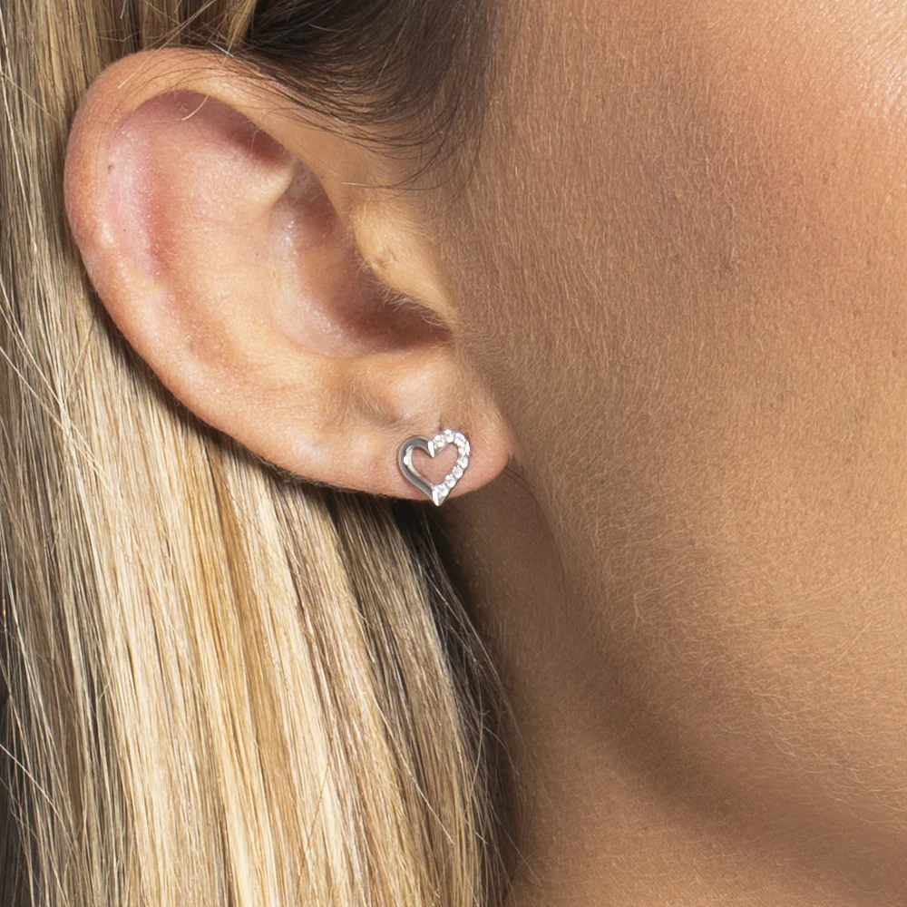 MONO ORECCHINO DONNA IN ACCIAIO CON CUORE CON PETALO CON PUNTI LUCE ZIRCONE BIAN - Image 2