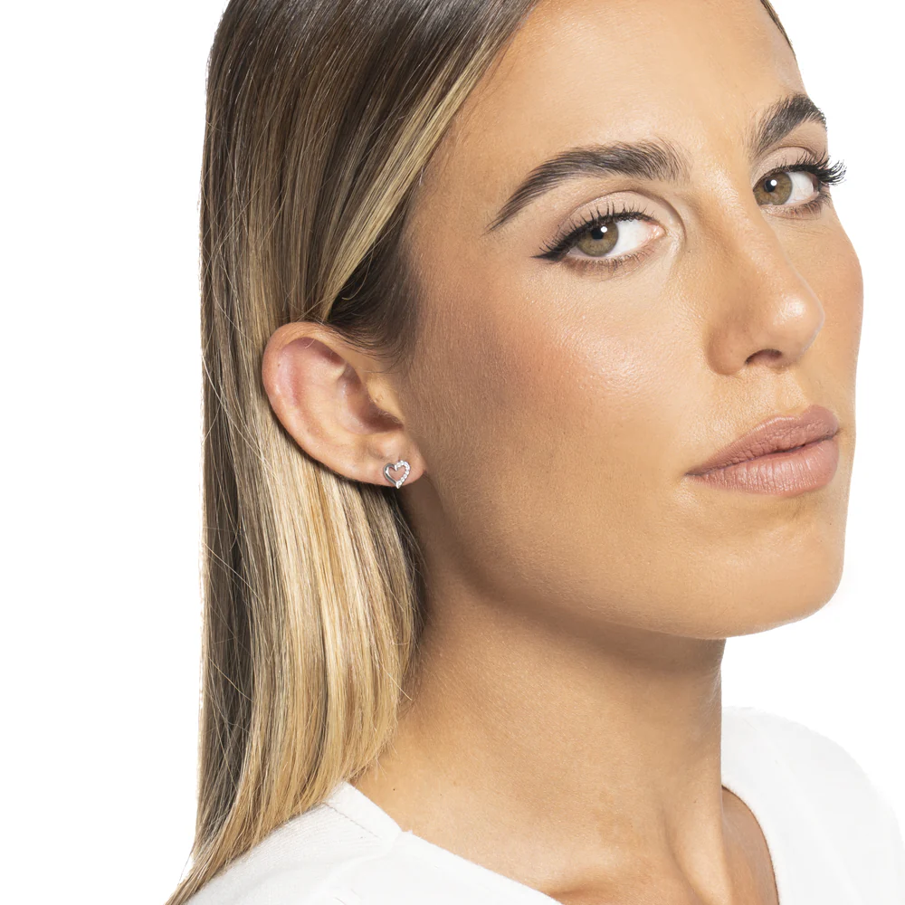 MONO ORECCHINO DONNA IN ACCIAIO CON CUORE CON PETALO CON PUNTI LUCE ZIRCONE BIAN - Image 3