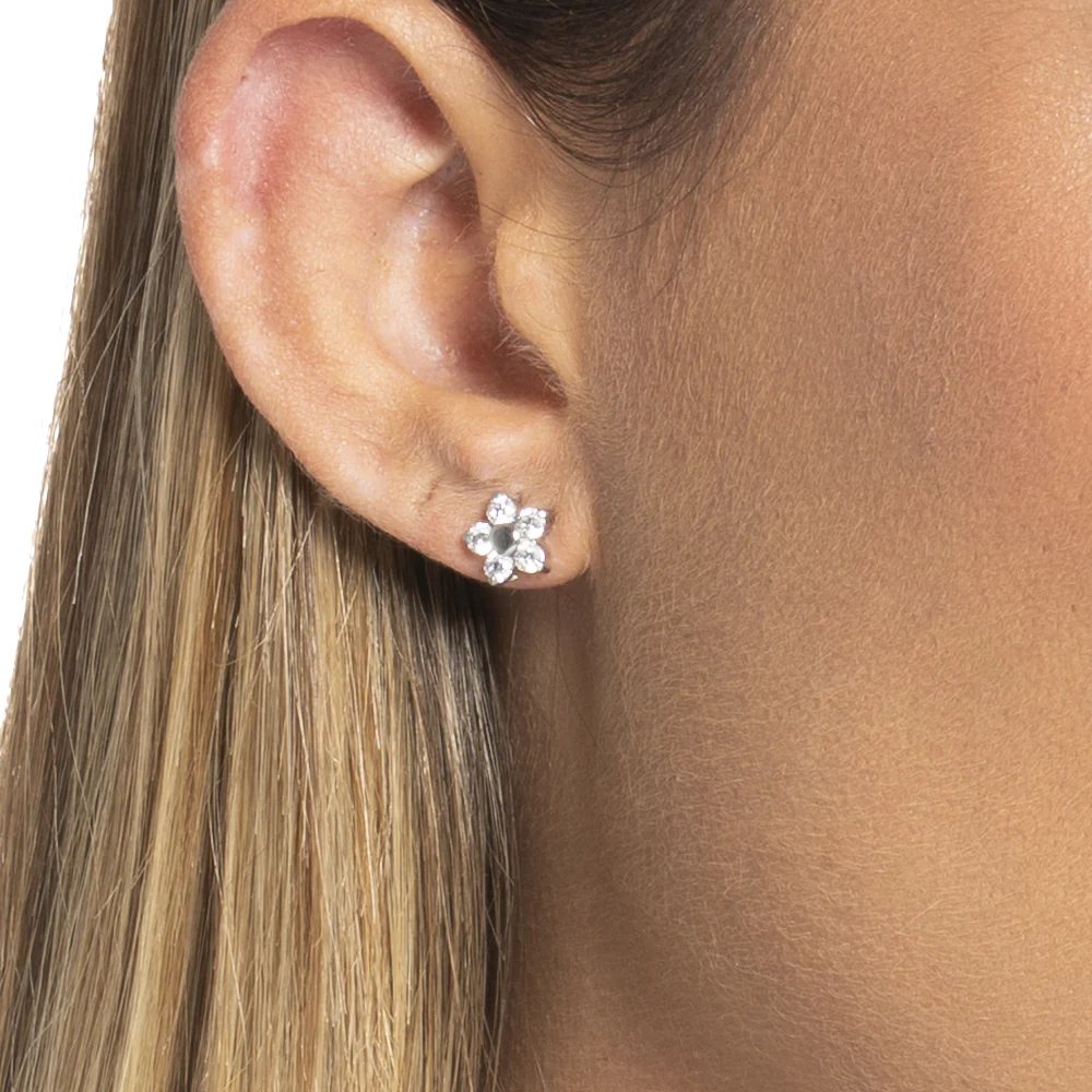 MONO ORECCHINO DONNA IN ACCIAIO CON FIORE E PETALI ZIRCONE BIANCO - Image 2