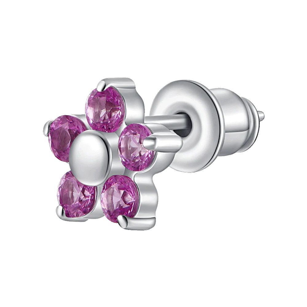 MONO ORECCHINO DONNA IN ACCIAIO CON FIORE E PETALI ZIRCONE MAGENTA