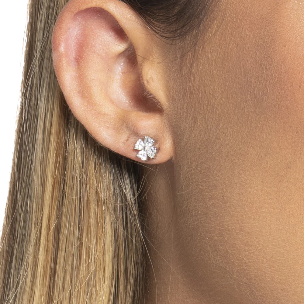 MONO ORECCHINO DONNA IN ACCIAIO CON QUADRIFOGLIO E PETALI CON ZIRCONE BIANCO - Image 2