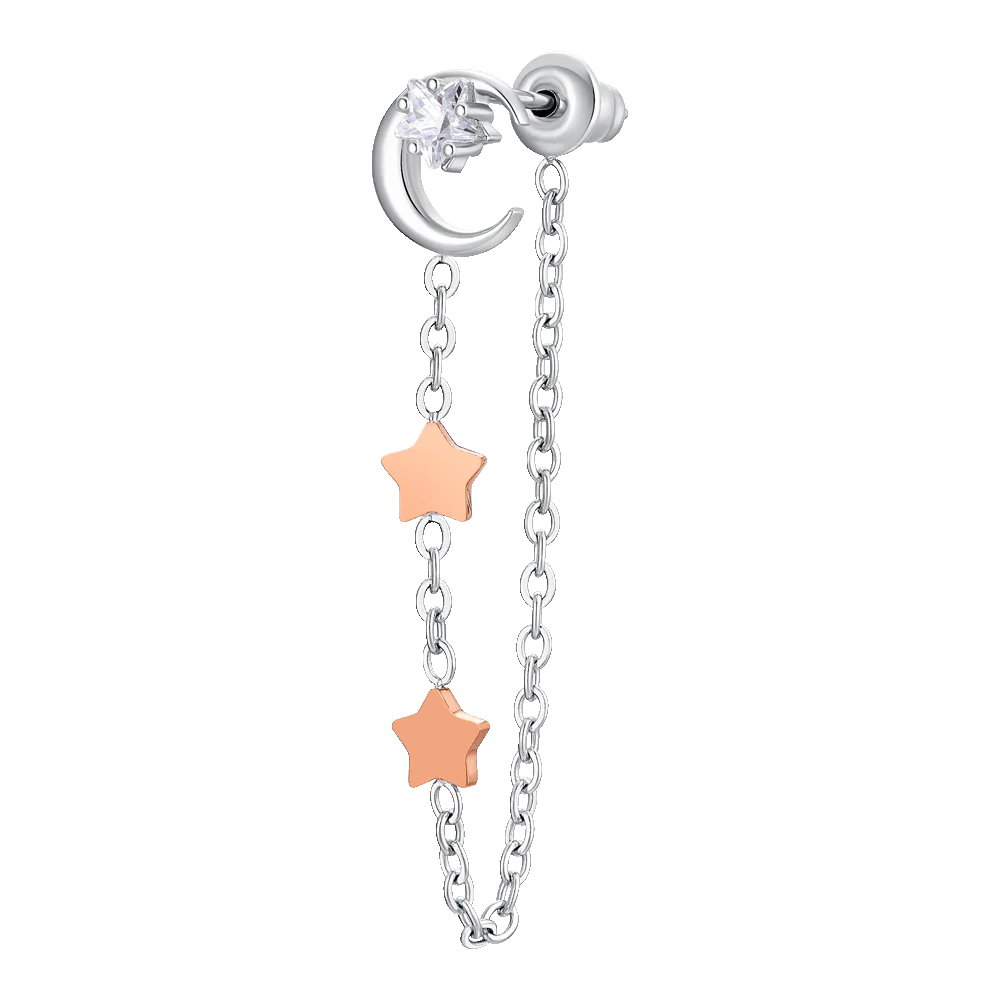 MONO ORECCHINO DONNA IN ACCIAIO, LUNA CON ZIRCONE BIANCO E STELLE