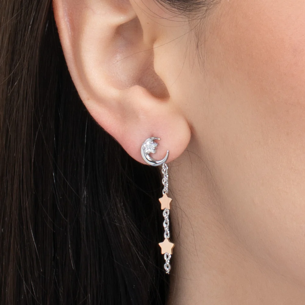 MONO ORECCHINO DONNA IN ACCIAIO, LUNA CON ZIRCONE BIANCO E STELLE - Image 2