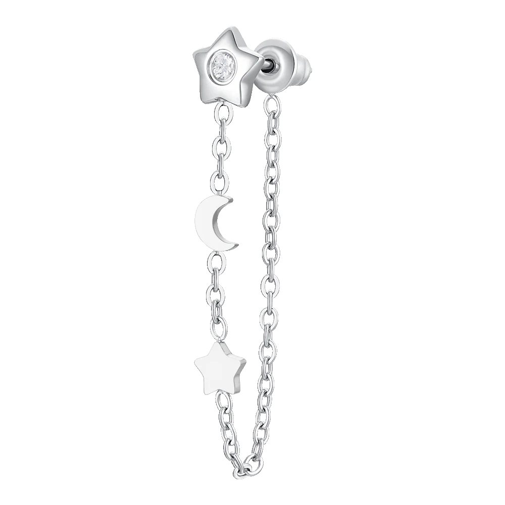 MONO ORECCHINO DONNA IN ACCIAIO, LUNA CON ZIRCONE BIANCO E STELLE