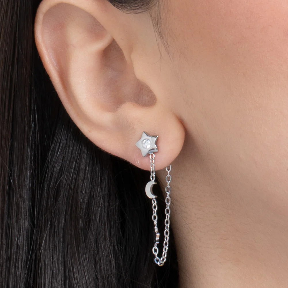 MONO ORECCHINO DONNA IN ACCIAIO, LUNA CON ZIRCONE BIANCO E STELLE - Image 2