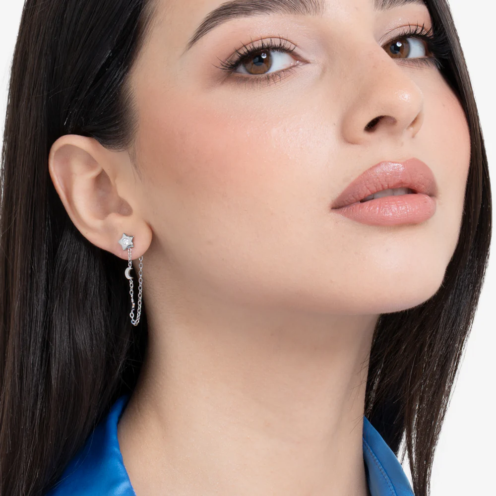 MONO ORECCHINO DONNA IN ACCIAIO, LUNA CON ZIRCONE BIANCO E STELLE - Image 3