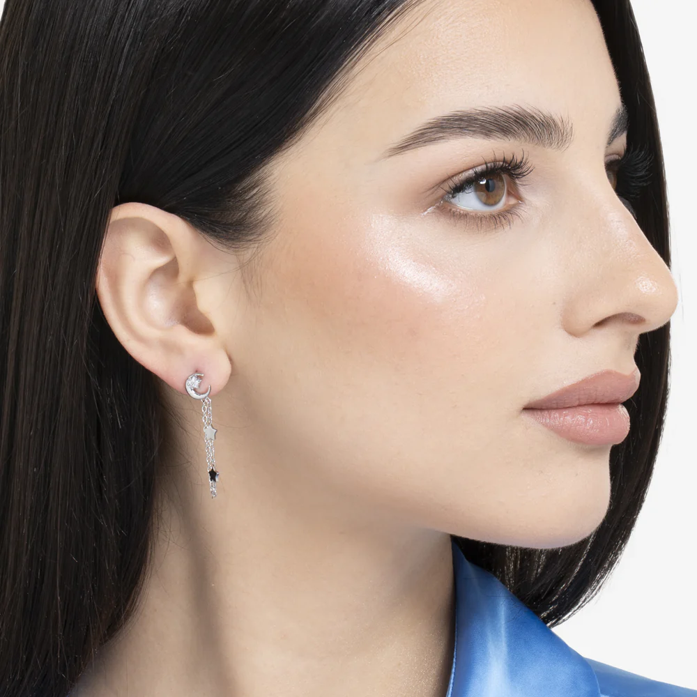 MONO ORECCHINO DONNA IN ACCIAIO, LUNA CON ZIRCONE BIANCO E STELLE - Image 3
