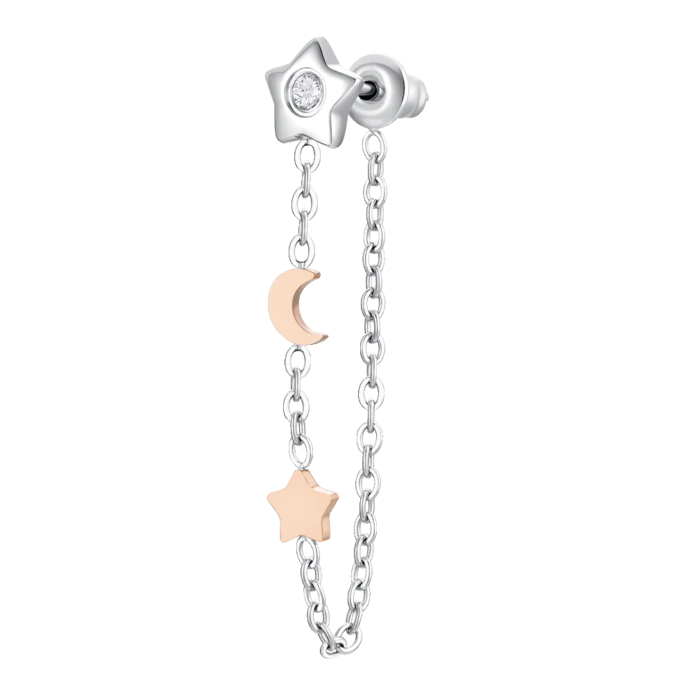 MONO ORECCHINO DONNA IN ACCIAIO, STELLA CON ZIRCONE BIANCO,LUNA E STELLA IP ROSE