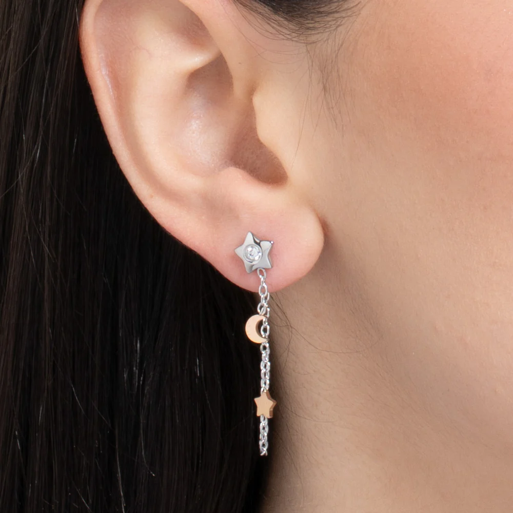 MONO ORECCHINO DONNA IN ACCIAIO, STELLA CON ZIRCONE BIANCO,LUNA E STELLA IP ROSE - Image 2