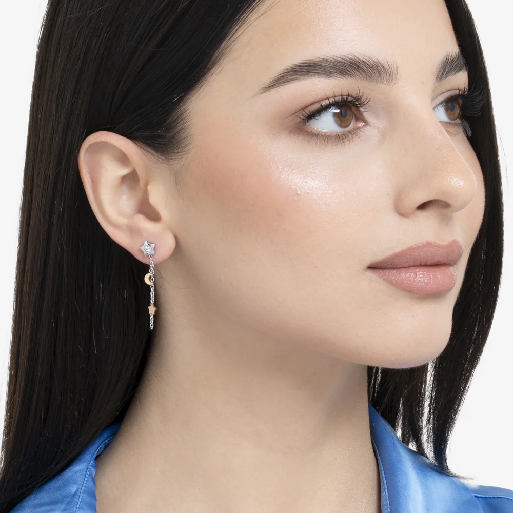 MONO ORECCHINO DONNA IN ACCIAIO, STELLA CON ZIRCONE BIANCO,LUNA E STELLA IP ROSE - Image 3