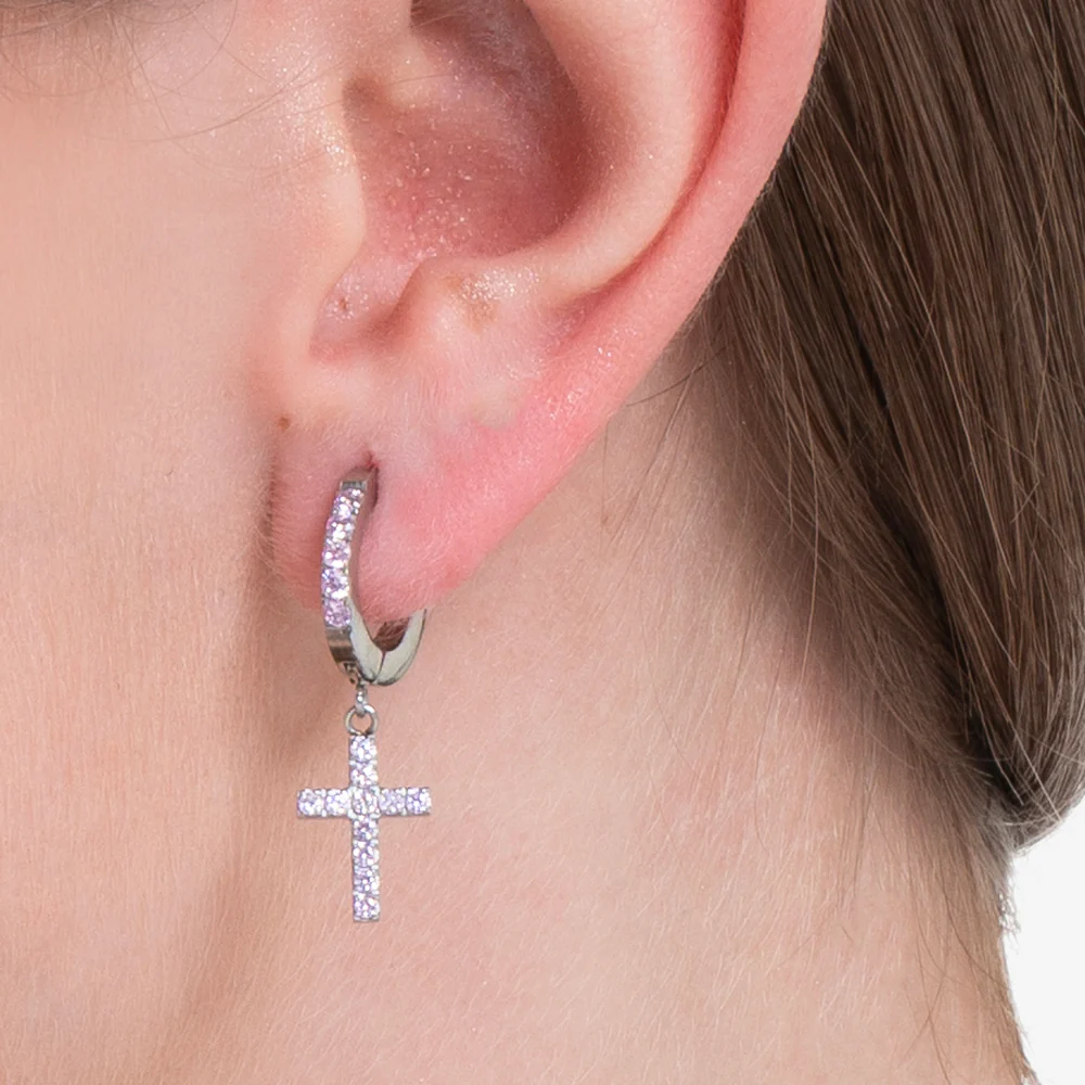 ORECCHINI DONNA CERCHIO IN ACCIAIO CON CROCE E ZIRCONI ROSA - Image 2