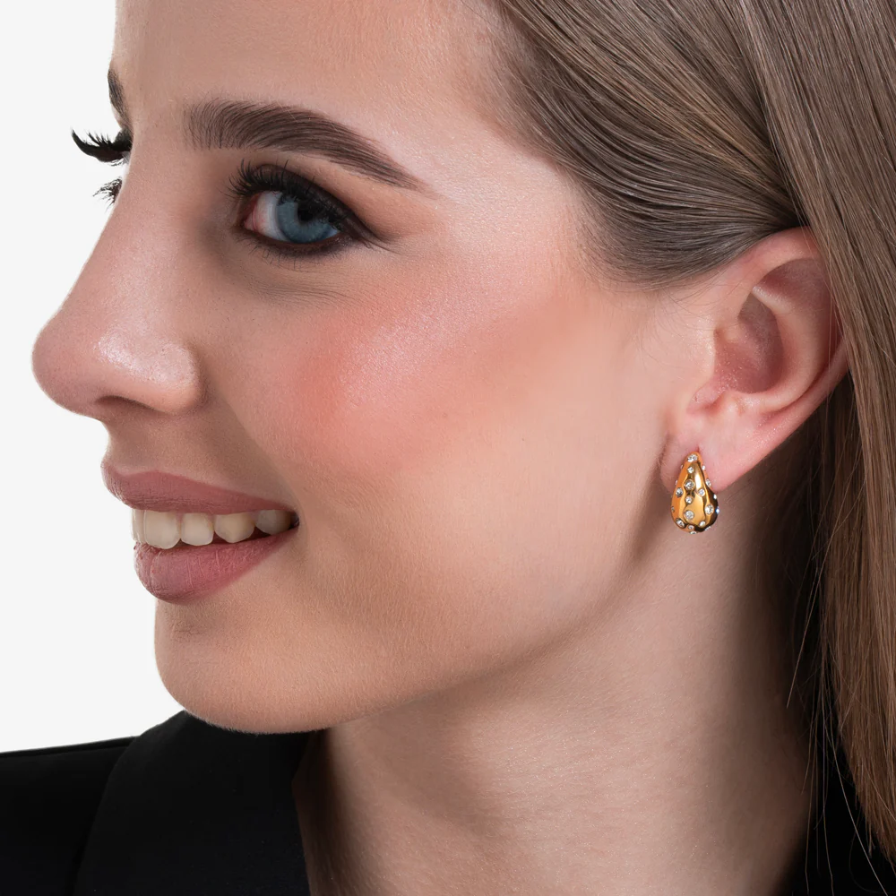 ORECCHINI DONNA GOCCIA IN ACCIAIO  E IP GOLD CON CRISTALLI BIANCHI - Image 3