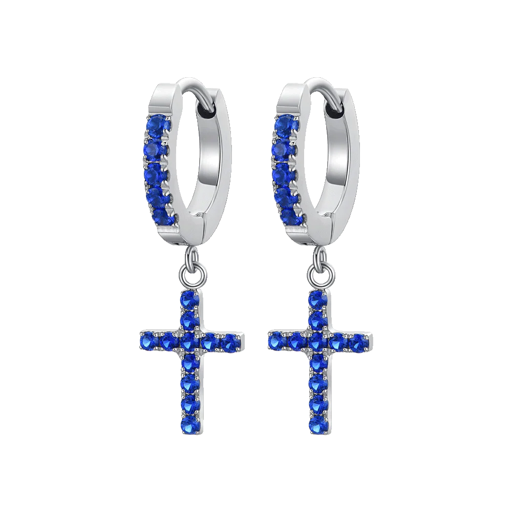 ORECCHINI DONNA IN ACCIAIO CERCHIO CON CROCE E ZIRCONI BLU