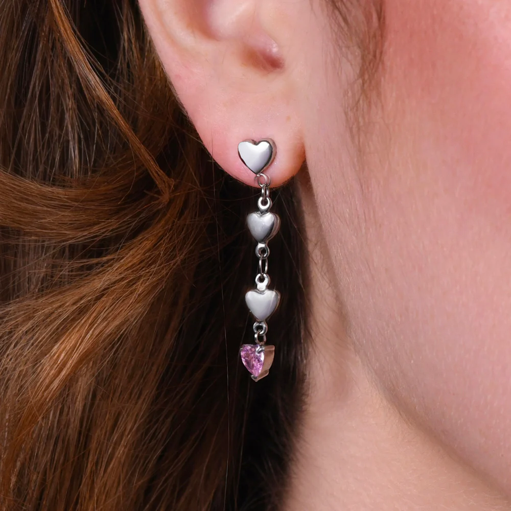 ORECCHINI DONNA IN ACCIAIO CON CUORI E ZIRCONE ROSA - Image 2