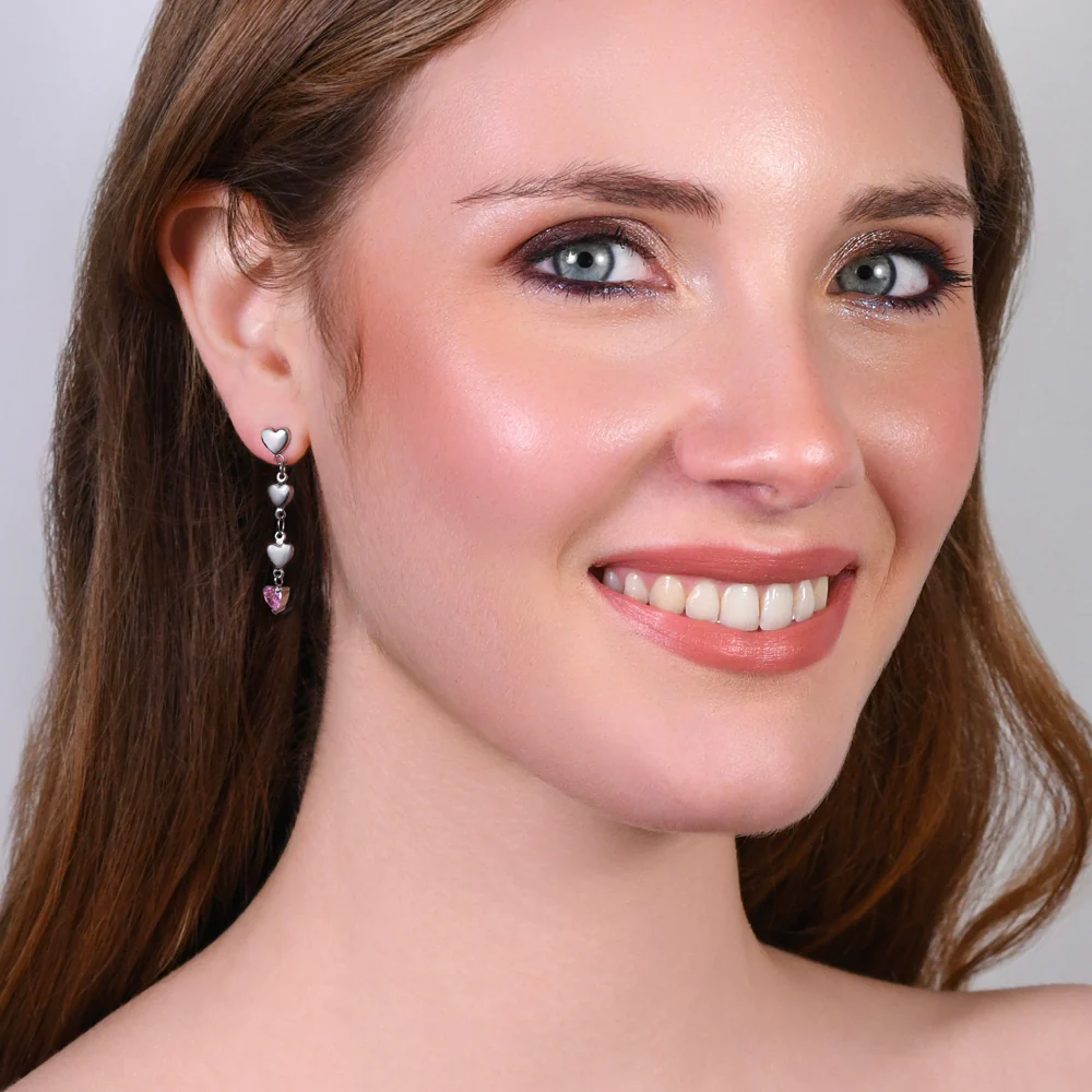 ORECCHINI DONNA IN ACCIAIO CON CUORI E ZIRCONE ROSA - Image 3