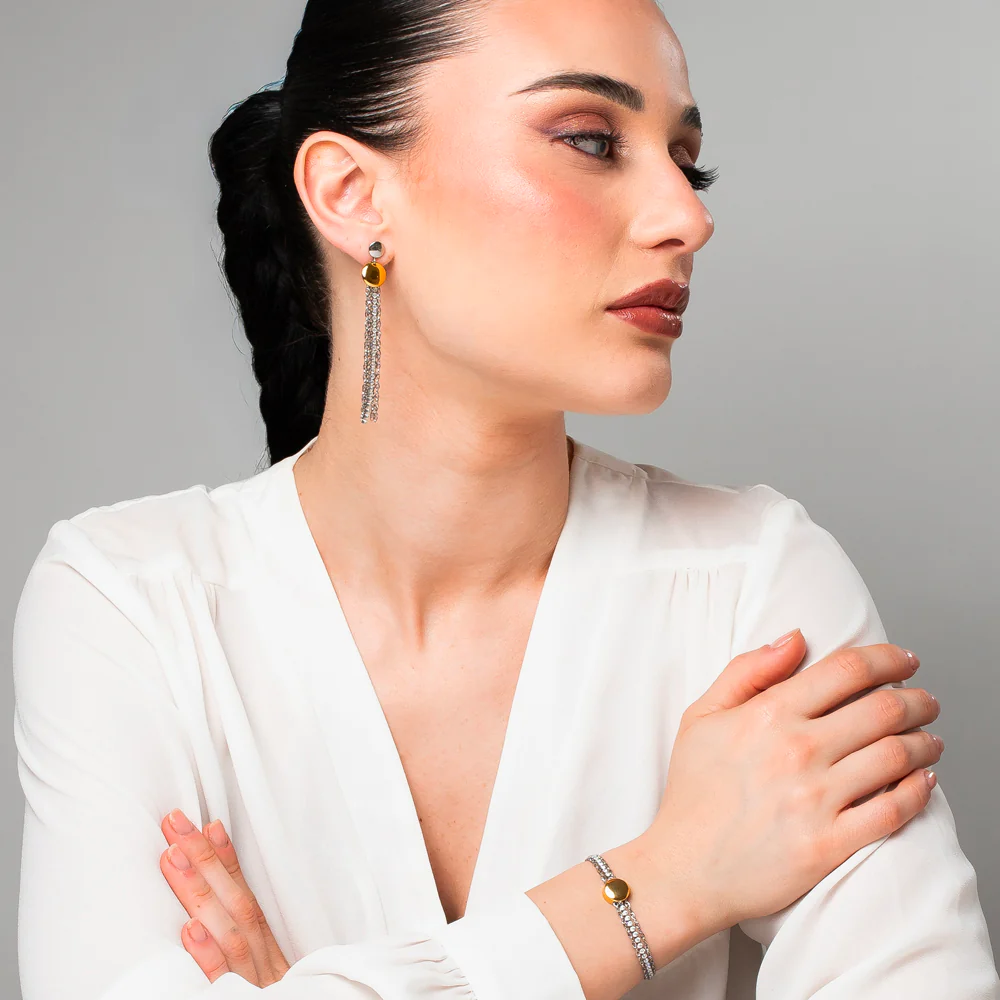 ORECCHINI DONNA IN ACCIAIO CON ELEMENTI IN ACCIAIO IP GOLD E CRISTALLI BIANCHI - Image 4