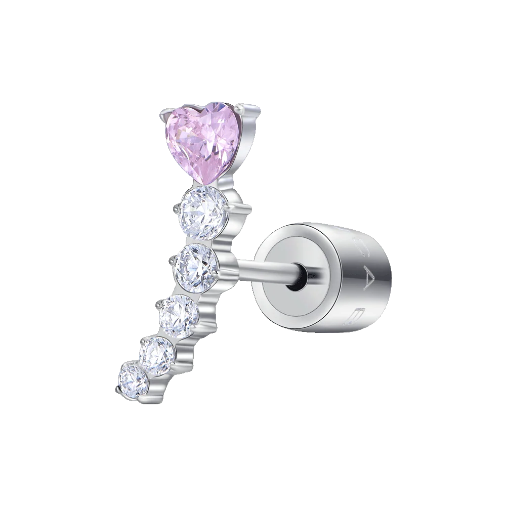 MONO ORECCHINO DONNA IN ACCIAIO CUORE ROSA E CRISTALLI BIANCHI