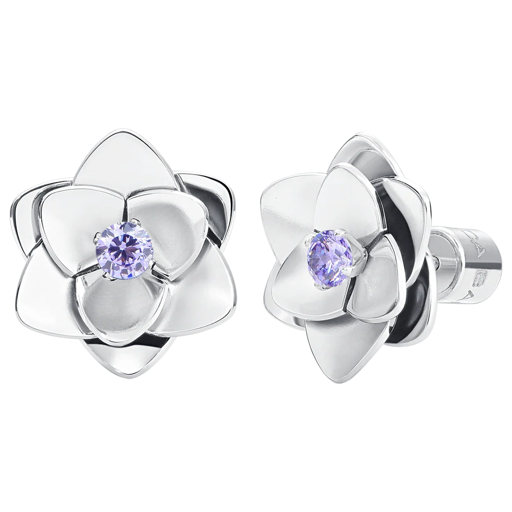 ORECCHINI DONNA IN ACCIAIO, FIORI CON ZIRCONI VIOLA