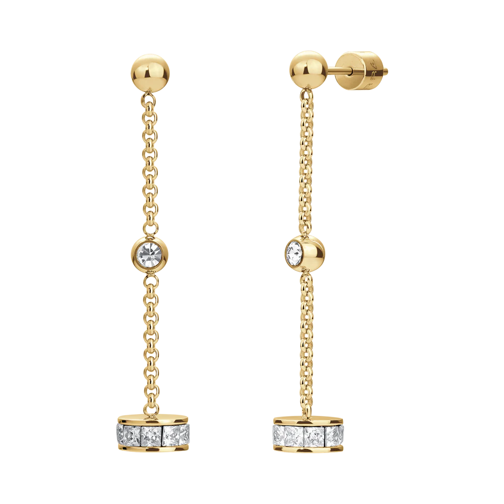 ORECCHINI DONNA IN ACCIAIO IP GOLD, BUSSOLOTTO ED ELEMENTI CON ZIRCONI BIANCHI