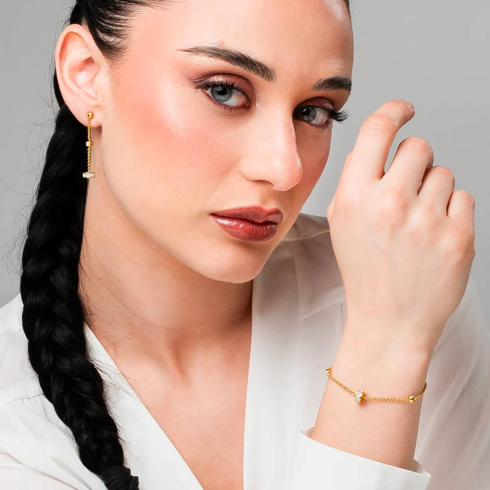 ORECCHINI DONNA IN ACCIAIO IP GOLD, BUSSOLOTTO ED ELEMENTI CON ZIRCONI BIANCHI - Image 4