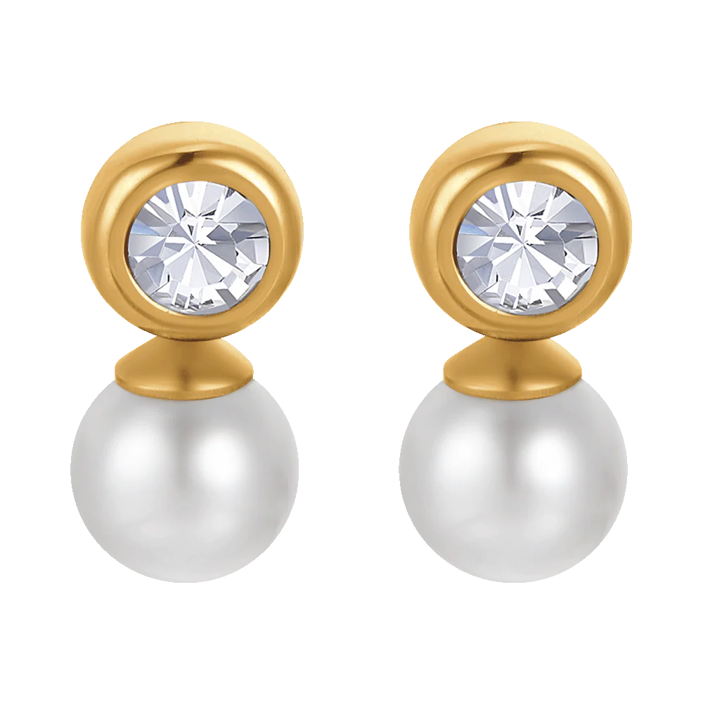 ORECCHINI DONNA IN ACCIAIO IP GOLD CON PERLE CON CRISTALLI BIANCHI