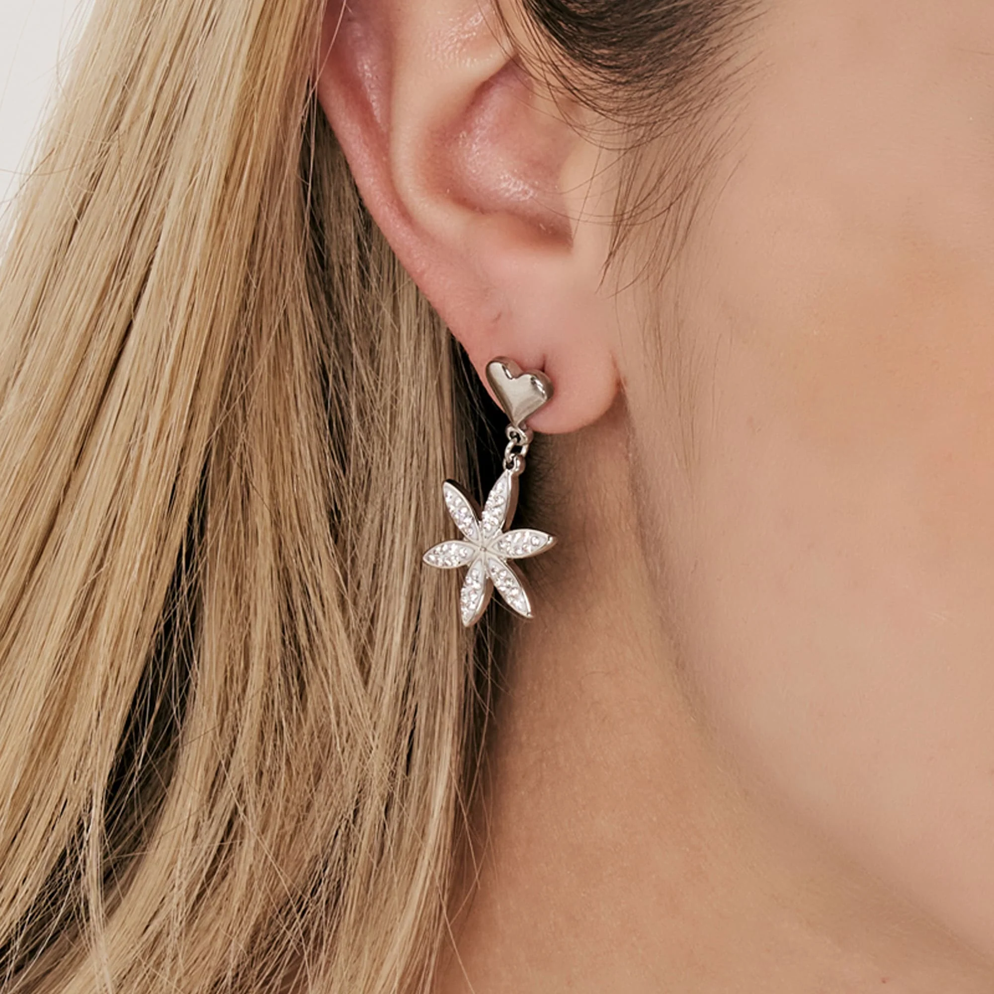 ORECCHINI DONNA IN ACCIAIO CON FIORE DELLA VITA CON CRISTALLI BIANCHI - Image 2
