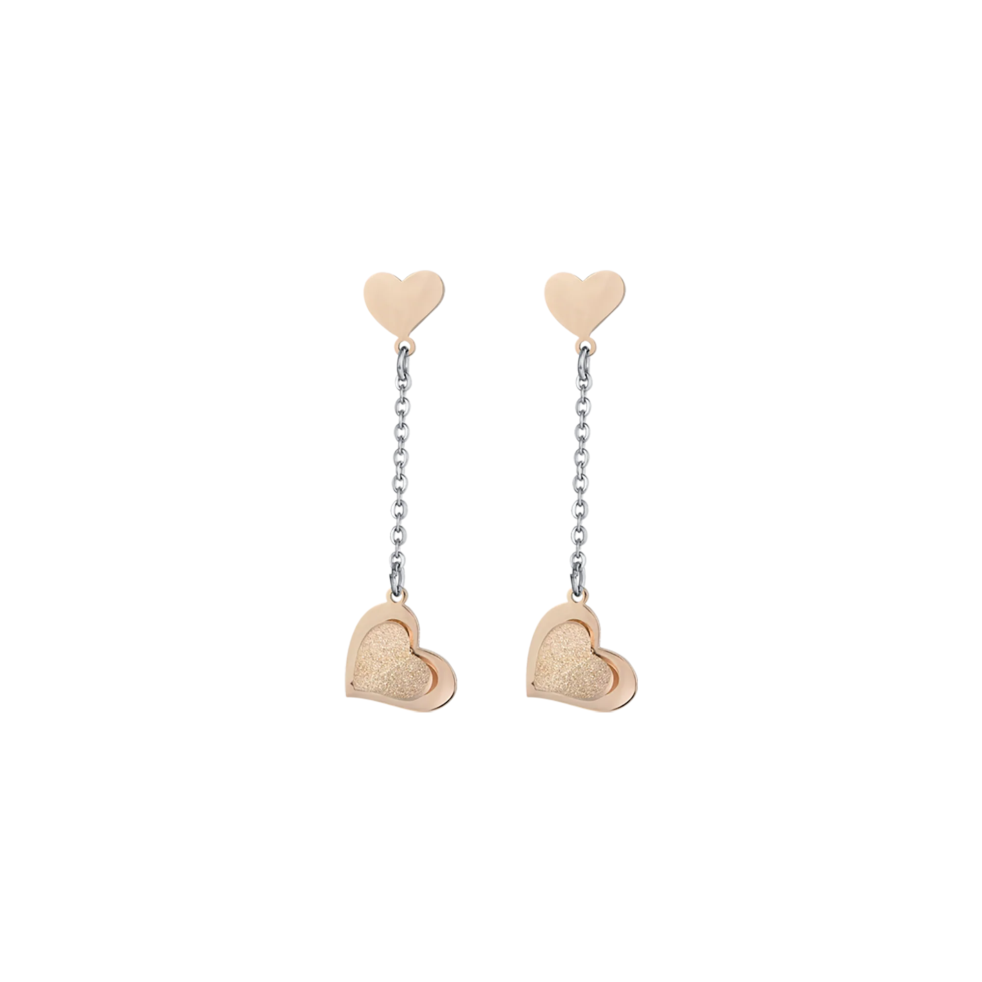 ORECCHINI IN ACCIAIO, CUORI IN ACCIAIO IP ROSE CON GLITTER IP ROSE