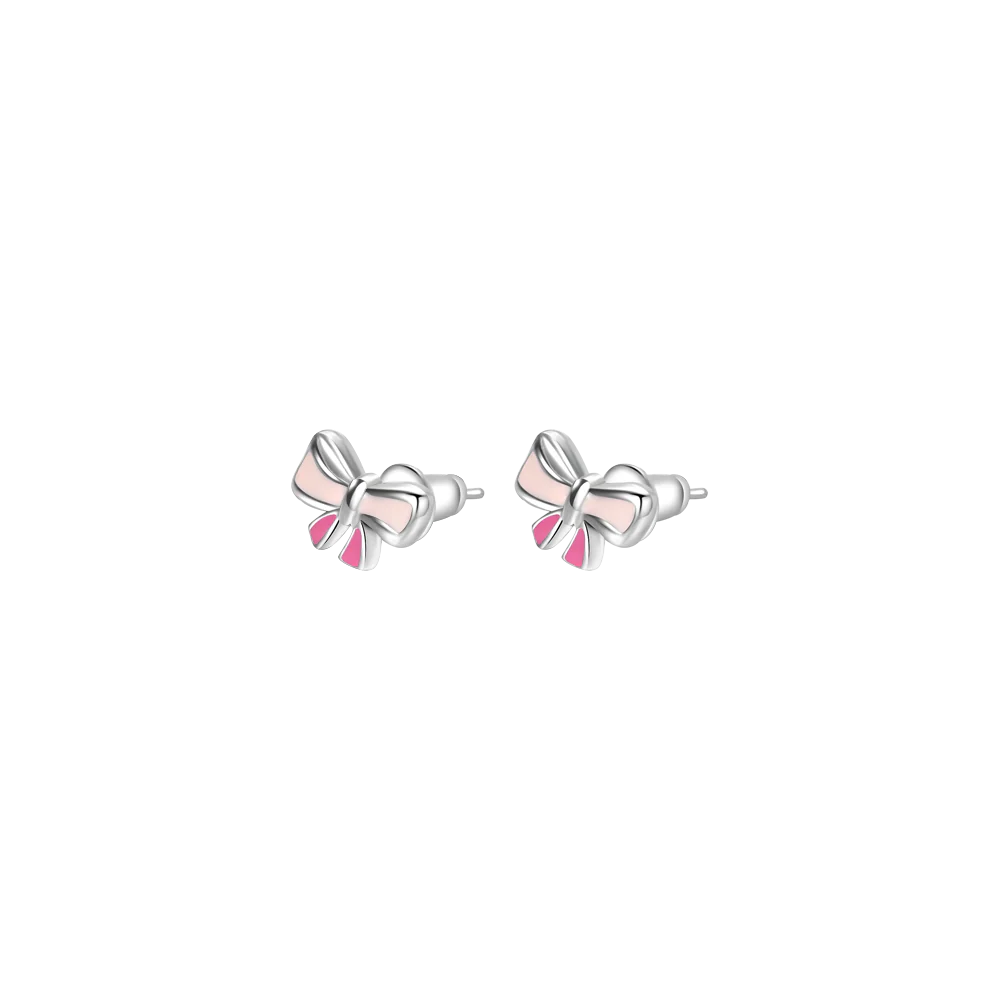 ORECCHINI IN ACCIAIO, FIOCCO CON SMALTO ROSA E FUCSIA