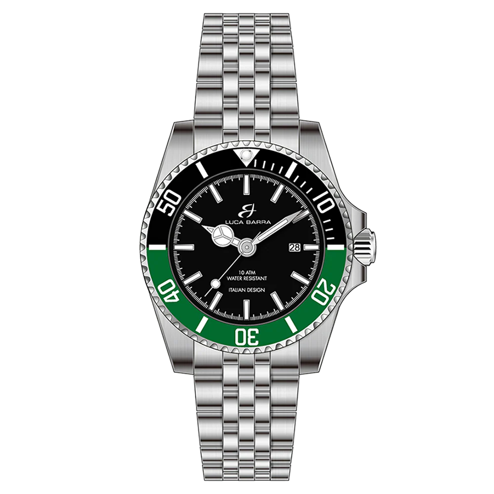OROLOGIO CON CASSA IN ACCIAIO QUADRANTE NERO GHIERA NERA E VERDE
