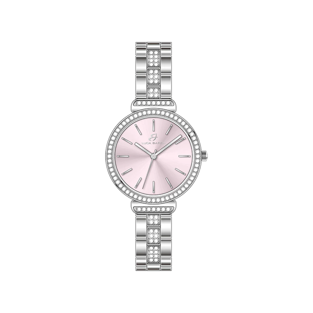 OROLOGIO DONNA IN ACCIAIO CRISTALLI GHIERA E QUADRANTE ROSA