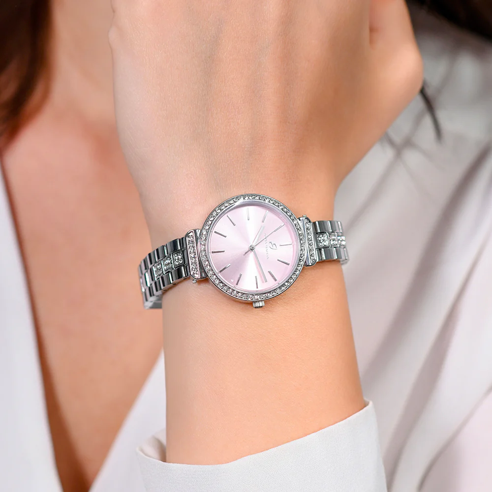 OROLOGIO DONNA IN ACCIAIO CRISTALLI GHIERA E QUADRANTE ROSA - Image 2